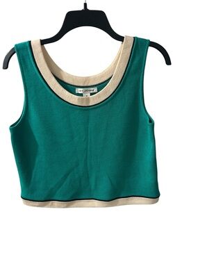 St. John Teal Knit Crop Tank  Top with Ivory Contrast Trim